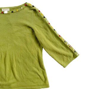 Christopher & Banks Green Floral Bead Scoop Neck Shirt